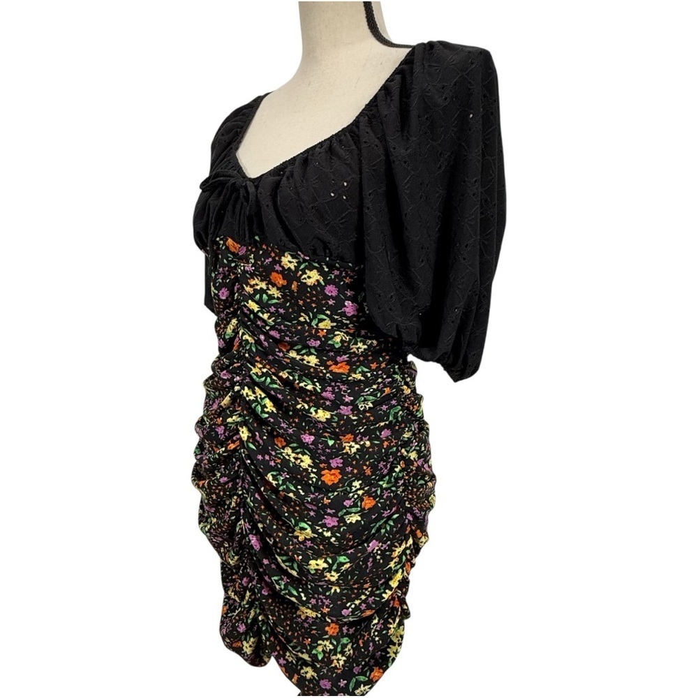 ASOS DESIGN Black Floral Ruched Mini Dress – Size US 10 / UK 14 / EU 42